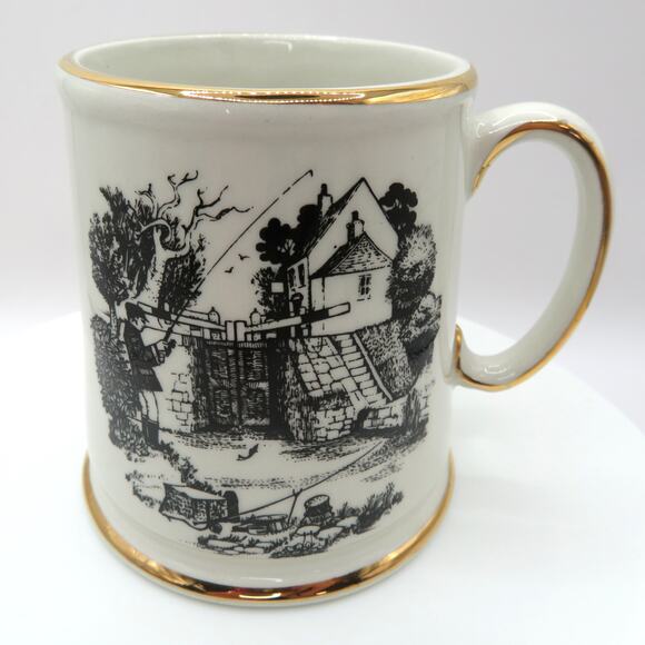 James Kent Ltd Old Foley Mug Fisherman Scene Black Transferware Gold Trim - Picture 2 of 13